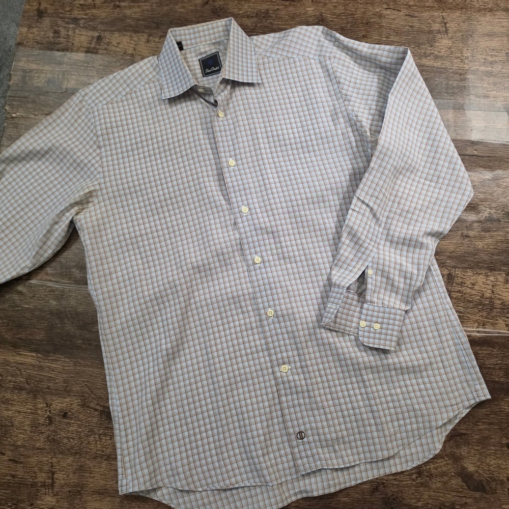 DAVID DONAHUE Dress Shirt Mens 16 34/35‎ Blue Tan Check Cotton Long Sleeve